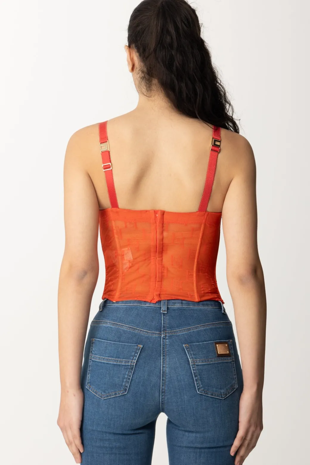 Donna Elisabetta Franchi Top In Tulle con Stampa Ef