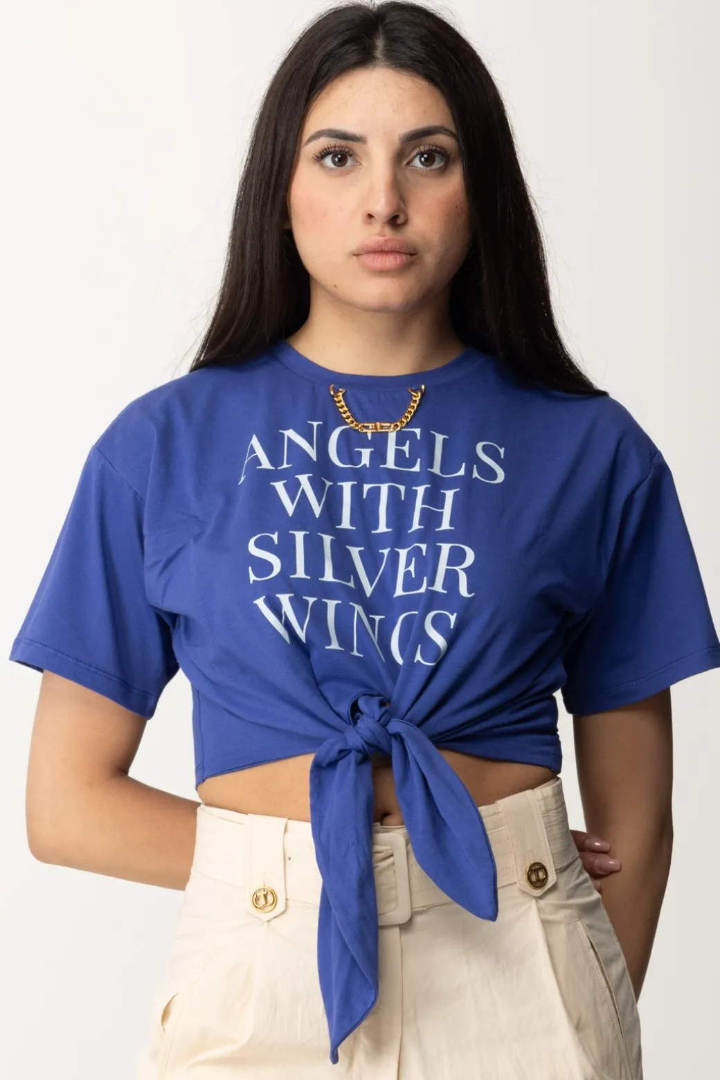 Donna Elisabetta Franchi T-shirt Crop con Stampa Scritta e Accessorio Gold