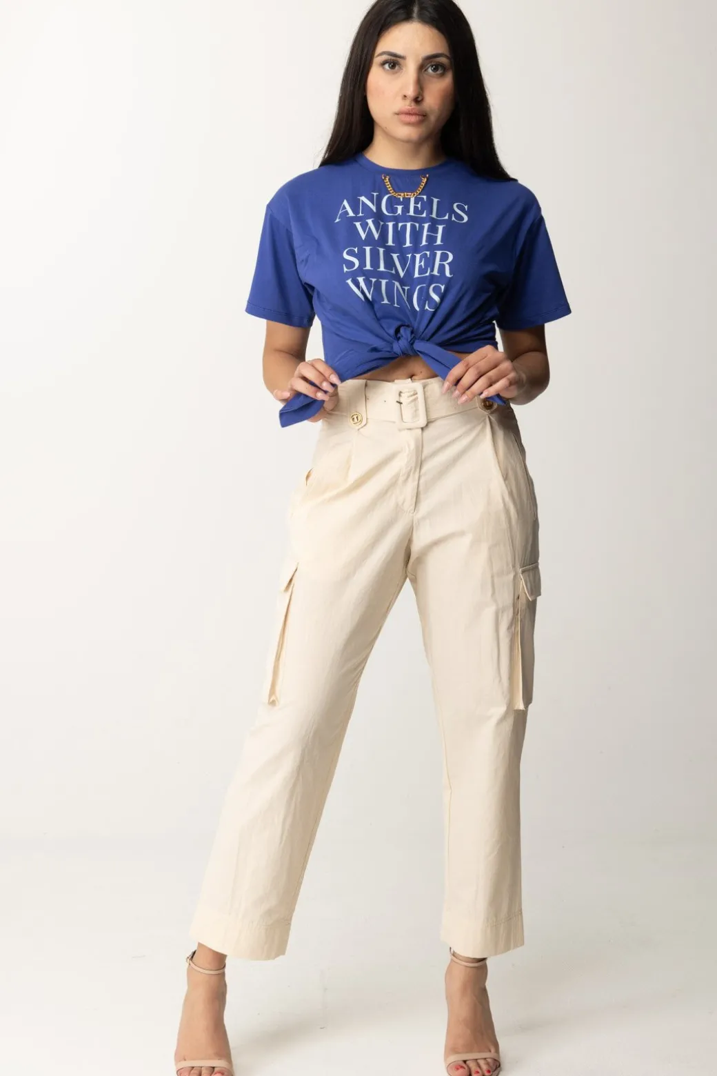 Donna Elisabetta Franchi T-shirt Crop con Stampa Scritta e Accessorio Gold