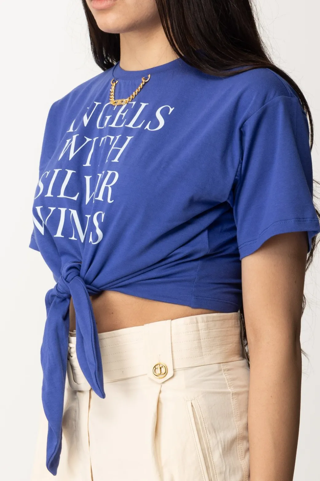 Donna Elisabetta Franchi T-shirt Crop con Stampa Scritta e Accessorio Gold
