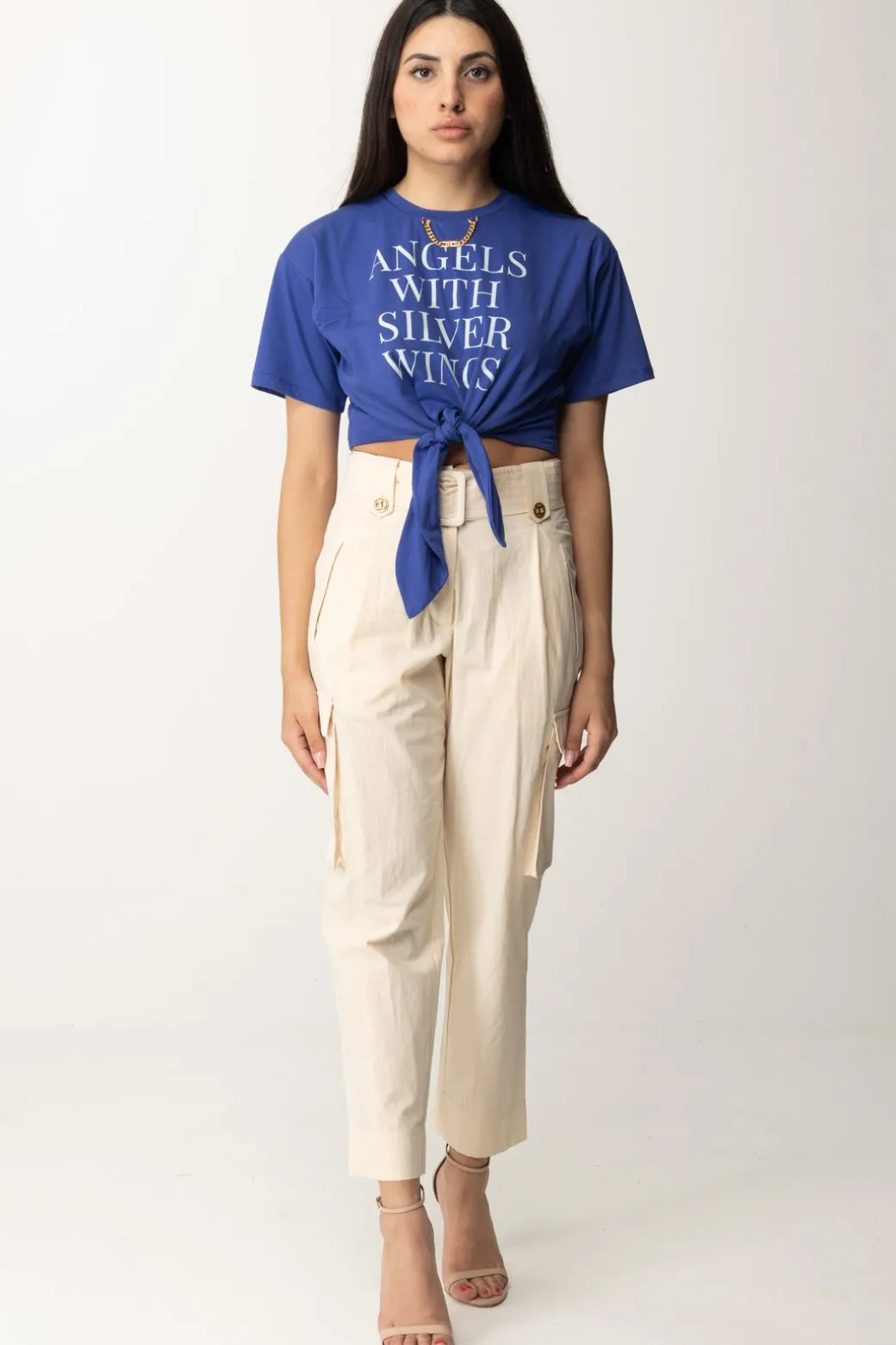 Donna Elisabetta Franchi T-shirt Crop con Stampa Scritta e Accessorio Gold