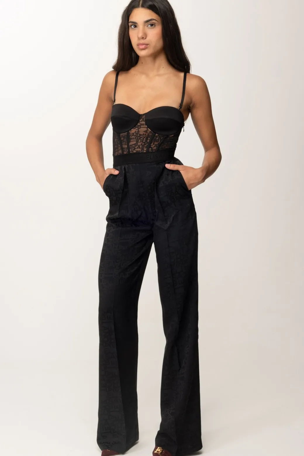 Donna Elisabetta Franchi Tuta con Bustier e Palazzo In Tulle Jaquard