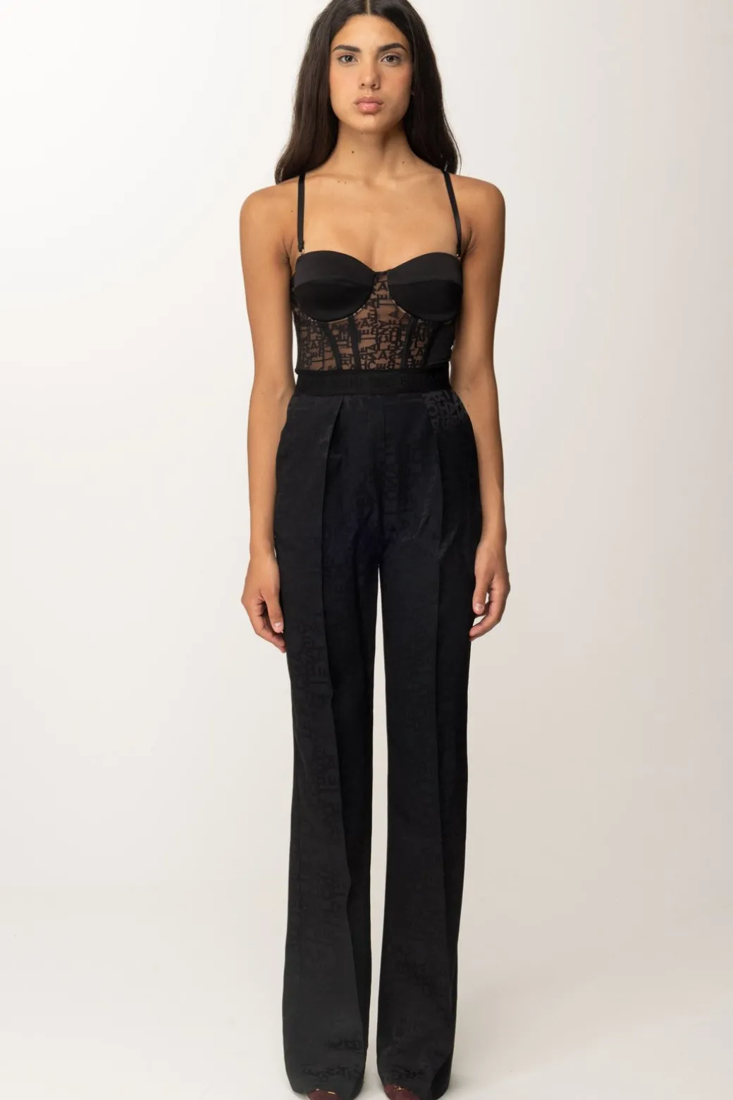 Donna Elisabetta Franchi Tuta con Bustier e Palazzo In Tulle Jaquard