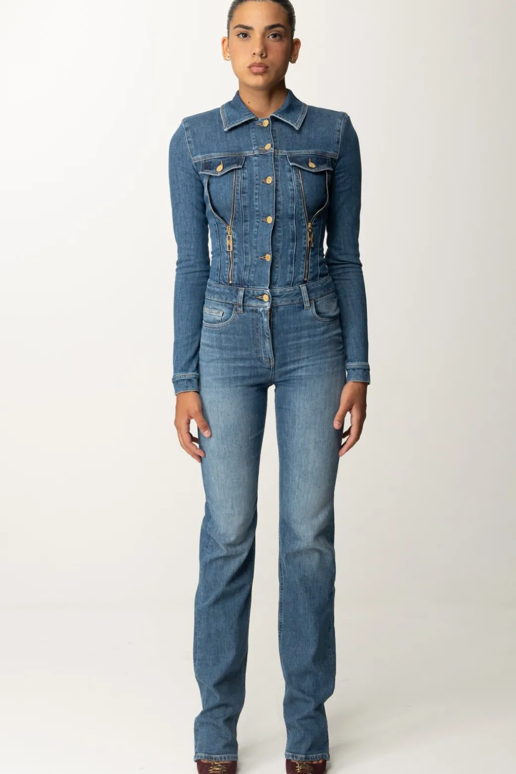 Donna Elisabetta Franchi Tuta In Jeans a Zampa con Zip