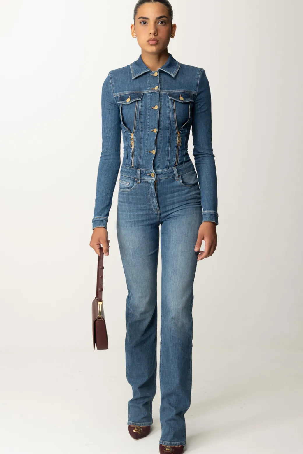 Donna Elisabetta Franchi Tuta In Jeans a Zampa con Zip