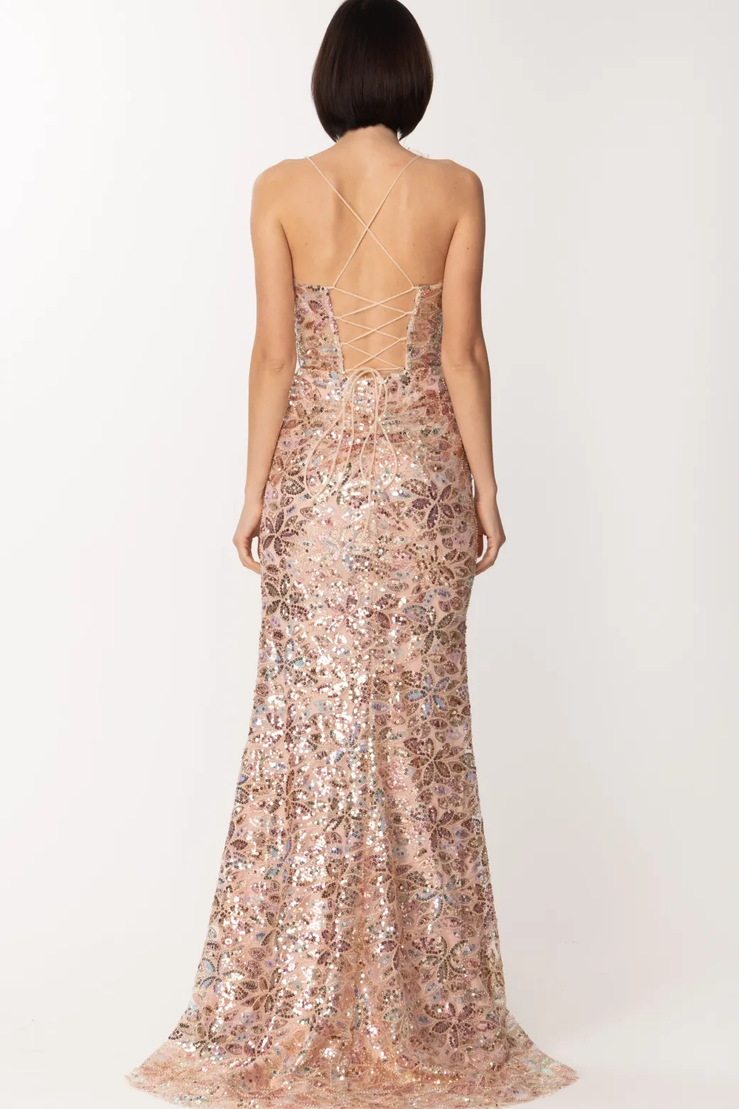 Donna Fabiana Ferri Abito Lungo con Paillettes e Accessorio Di Piume