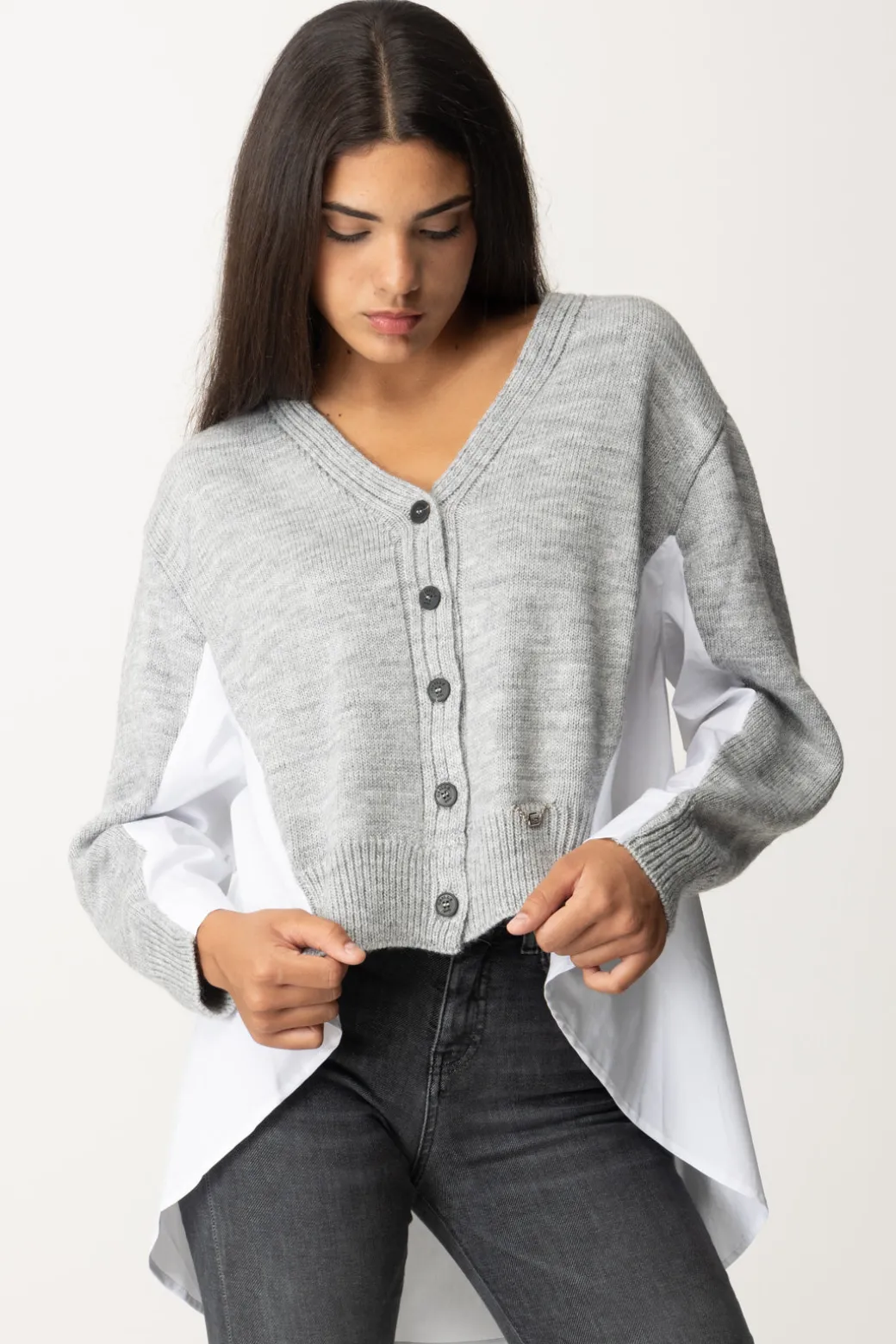 Donna Gaëlle Paris Cardigan Asimmetrico con Tessuto a Contrasto