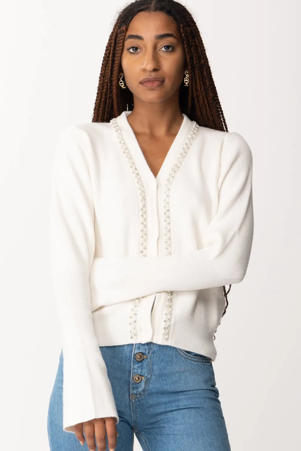Donna Gaëlle Paris Cardigan Corto con Strass e Perline