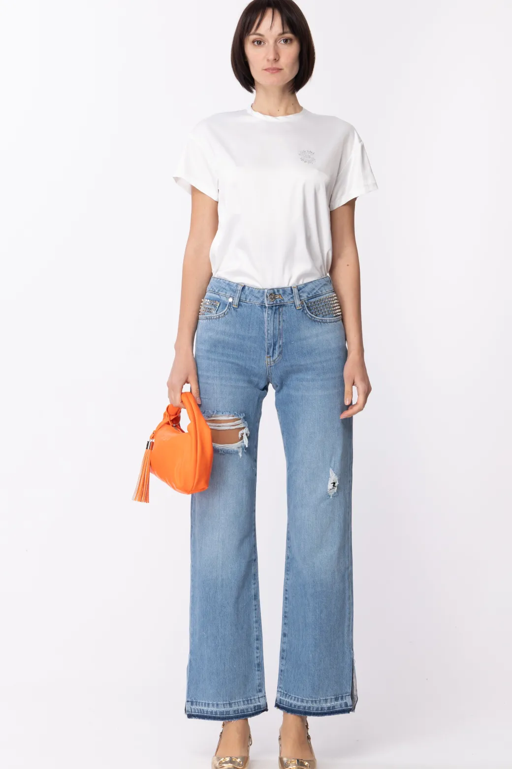 Donna Gaëlle Paris Jeans Boy a Vita Bassa con Borchie