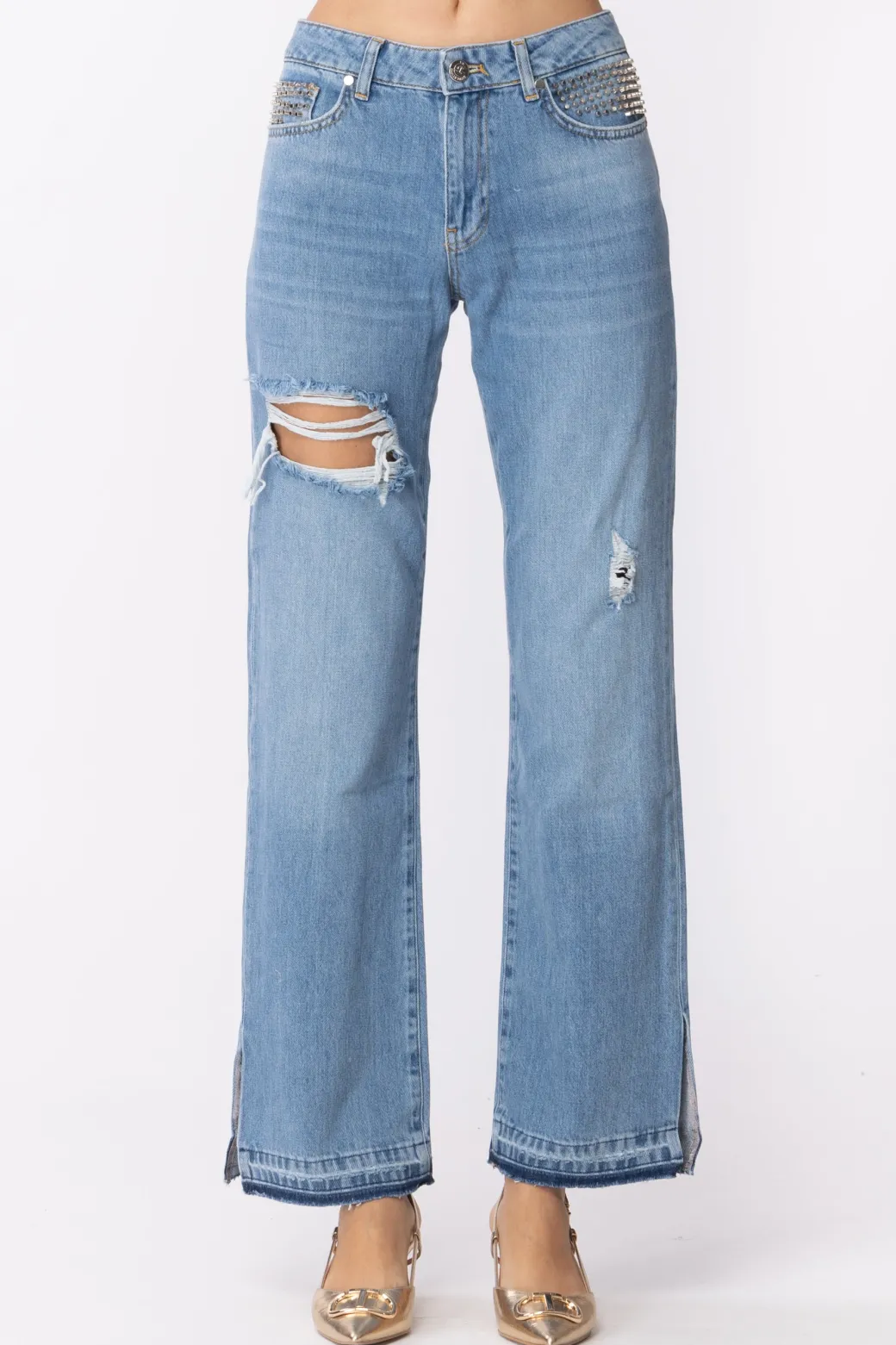Donna Gaëlle Paris Jeans Boy a Vita Bassa con Borchie