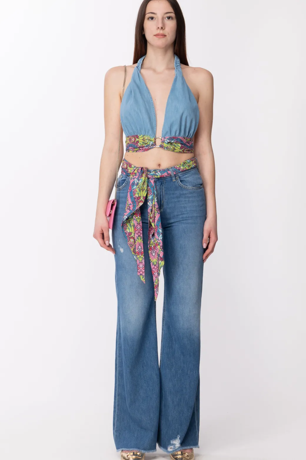 Donna Gaëlle Paris Top In Jeans a Incrocio con Foulard