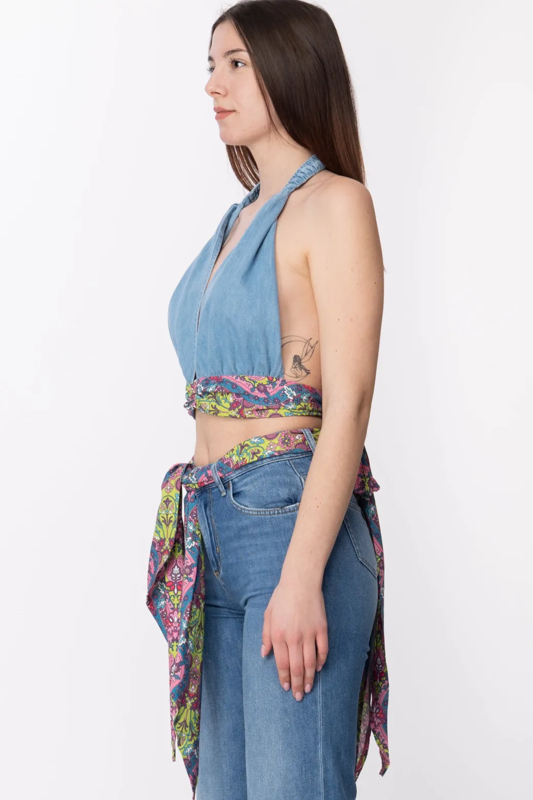 Donna Gaëlle Paris Top In Jeans a Incrocio con Foulard