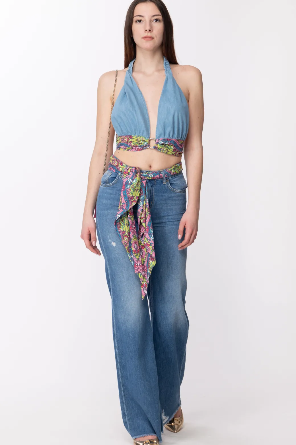 Donna Gaëlle Paris Top In Jeans a Incrocio con Foulard