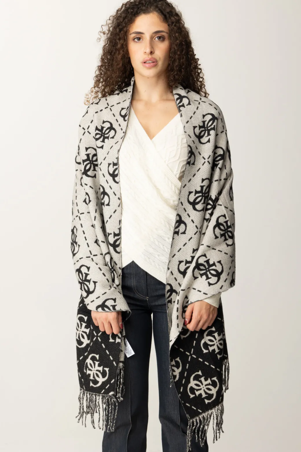 Donna Guess Sciarpa con Stampa Logo e Frange Decorative