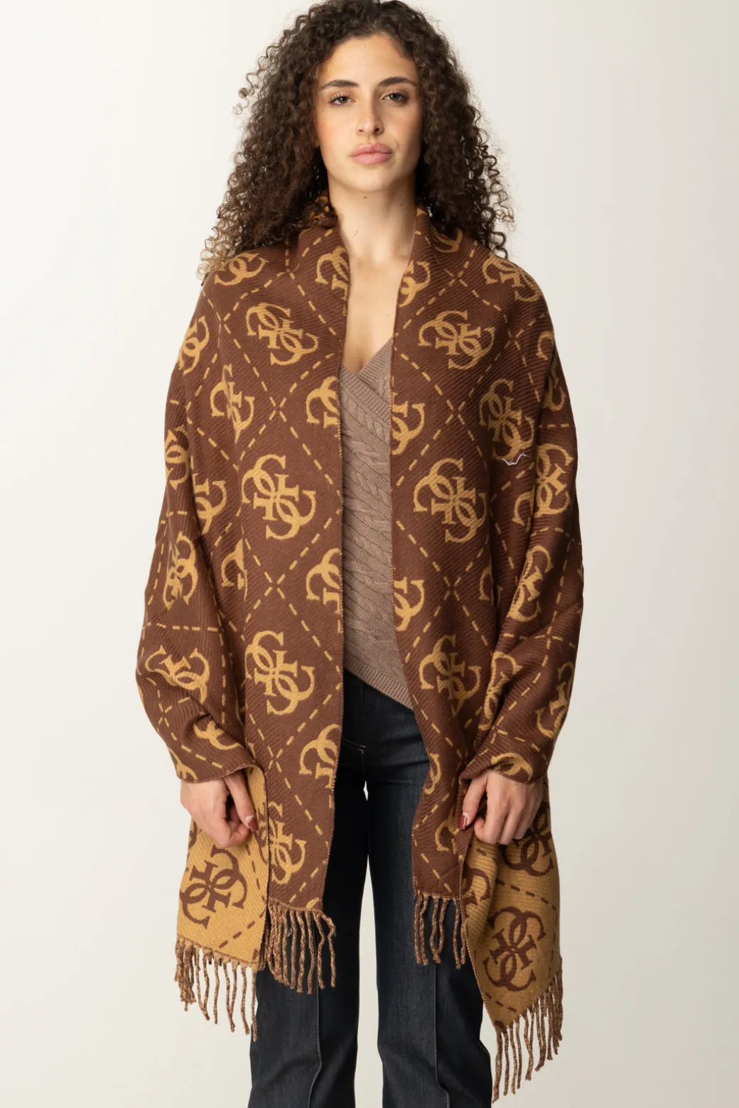 Donna Guess Sciarpa con Stampa Logo e Frange Decorative