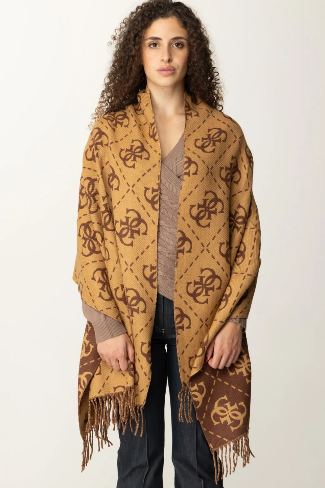 Donna Guess Sciarpa con Stampa Logo e Frange Decorative