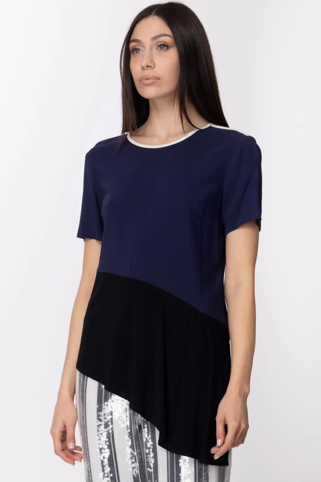 Donna Jucca Maglia Asimmetrica con Colori a Contrasto