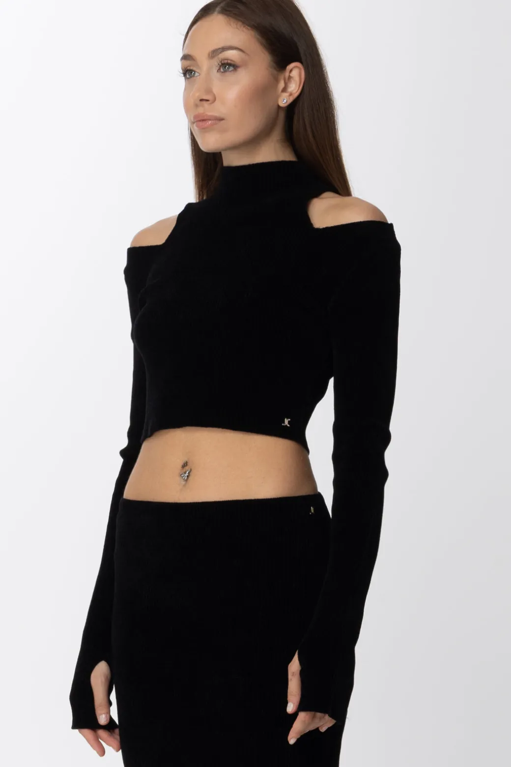 Donna Just Cavalli Pullover Crop a Costine con Collo Alto