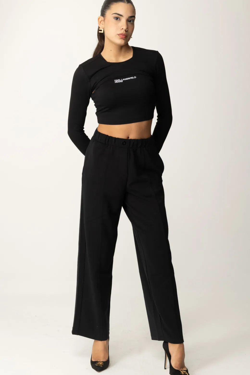 Donna Karl Lagerfeld Top Crop Double con Logo