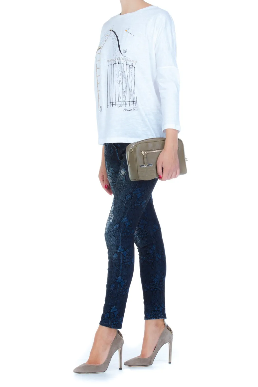 Donna Mangano Jeans a Vita Alta Stampa Floreale