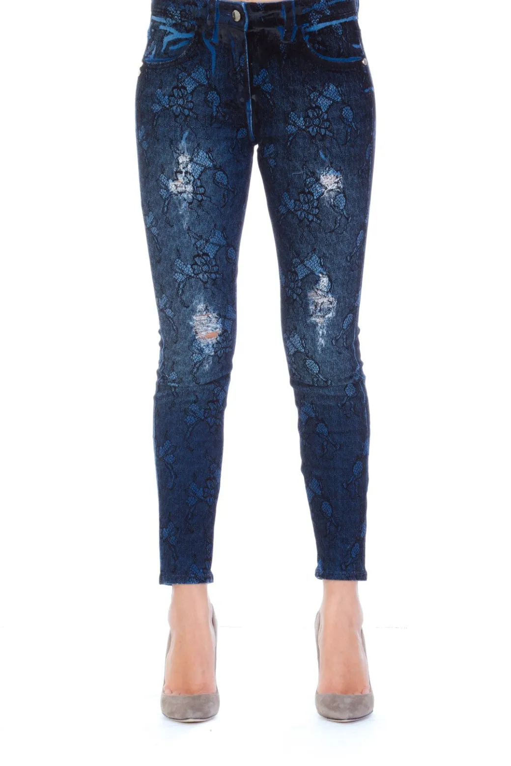Donna Mangano Jeans a Vita Alta Stampa Floreale