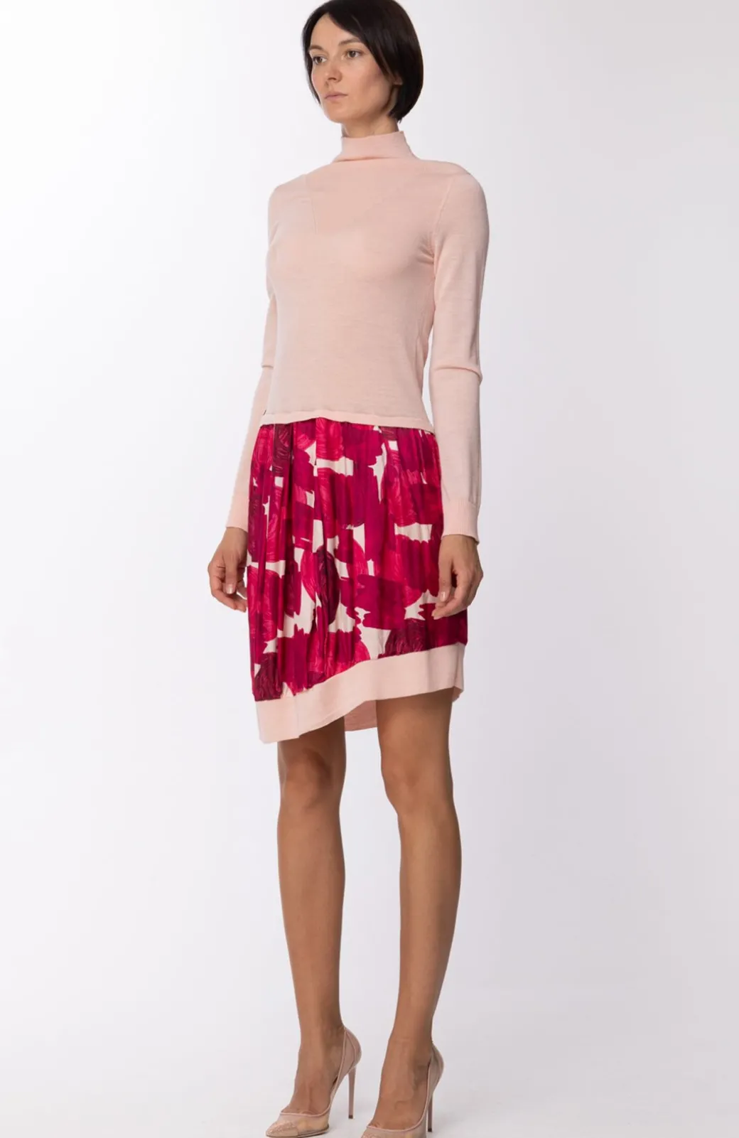 Donna Manila Grace Abito a Lupetto In Maglia Sopra In Tessuto Gonna a Fantasia Asimmetrica