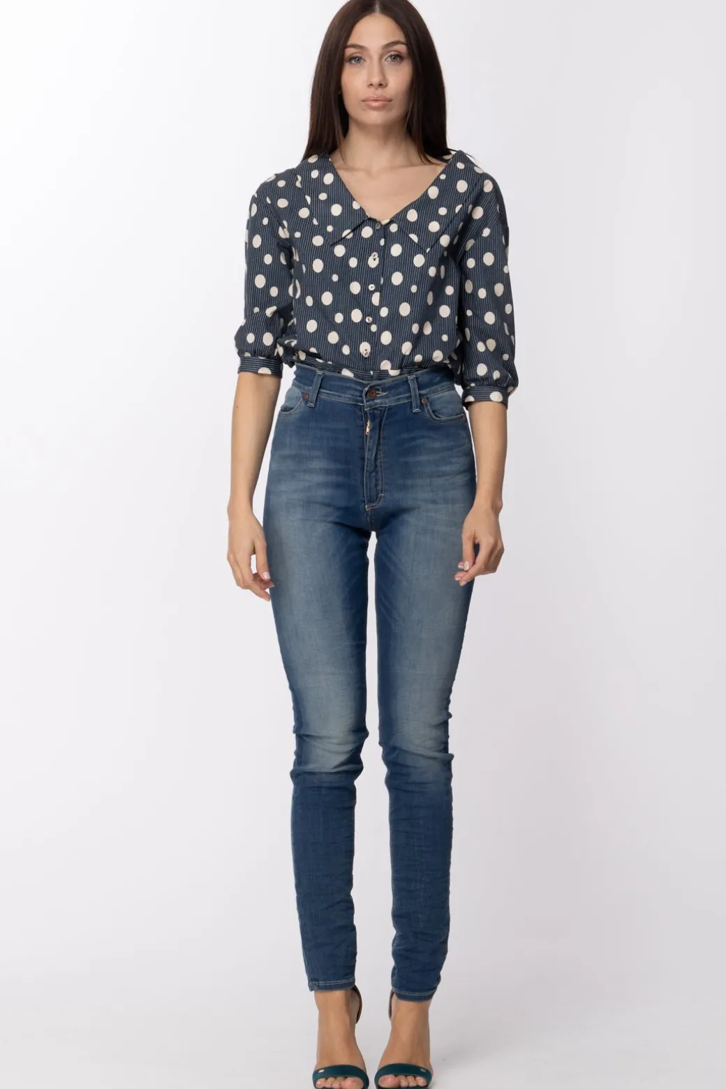 Donna Manila Grace Camicia a Tre Quarti con Stampa a Righe e Pois