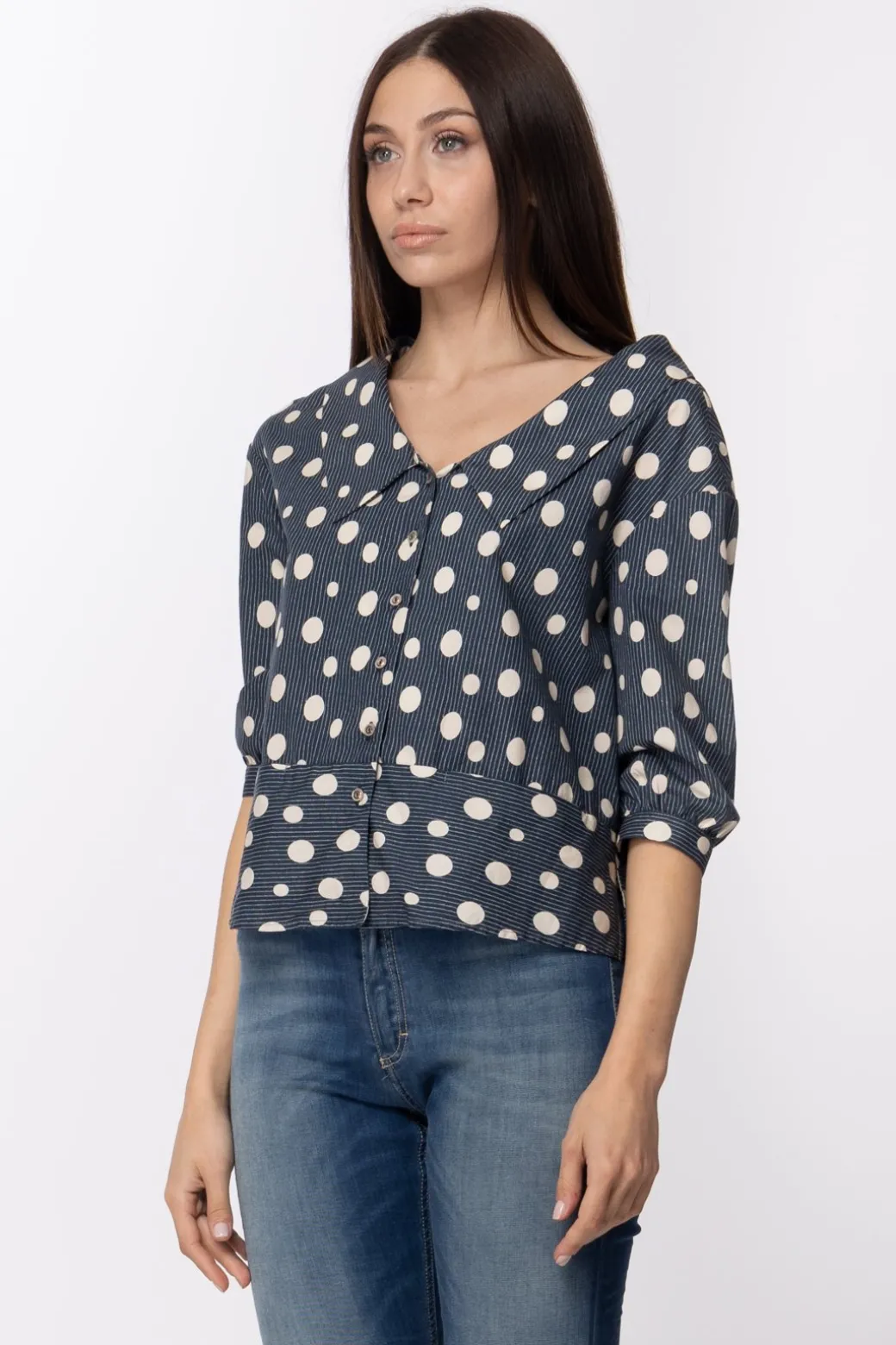 Donna Manila Grace Camicia a Tre Quarti con Stampa a Righe e Pois