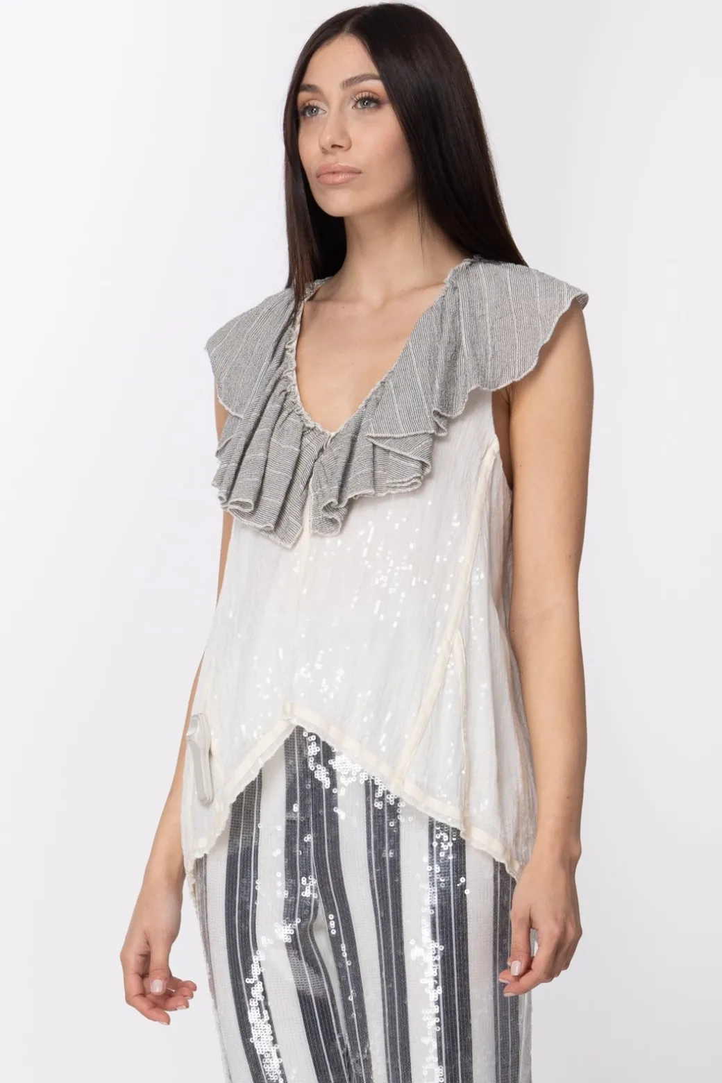 Donna Manila Grace Camicia Asimmetrica con Rouches e Paillettes
