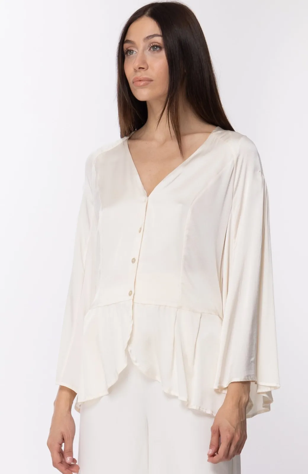 Donna Manila Grace Camicia Morbida In Seta con Manica Ampia Scollo a V
