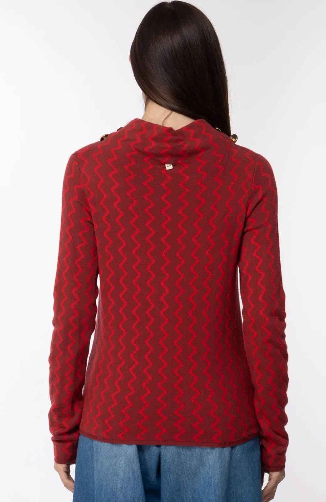 Donna Manila Grace Maglia Fantasia Jacquard Collo a Vulacano con Bottoni Dorati