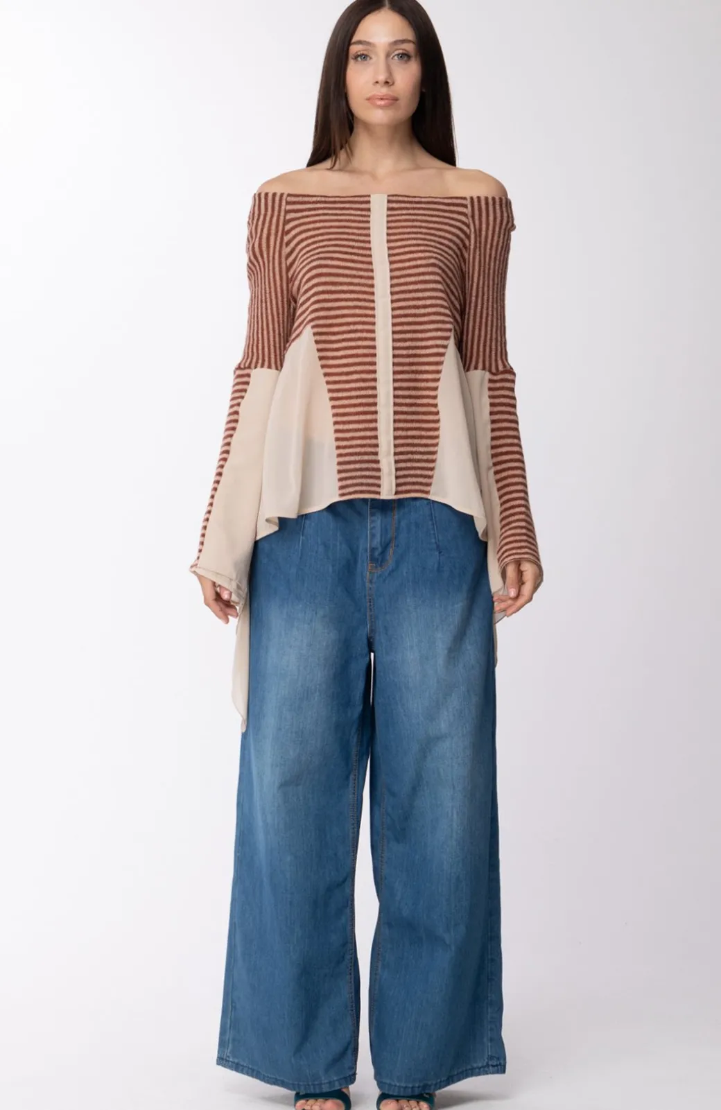 Donna Manila Grace Maglia Spalle Scoperte a Righe
