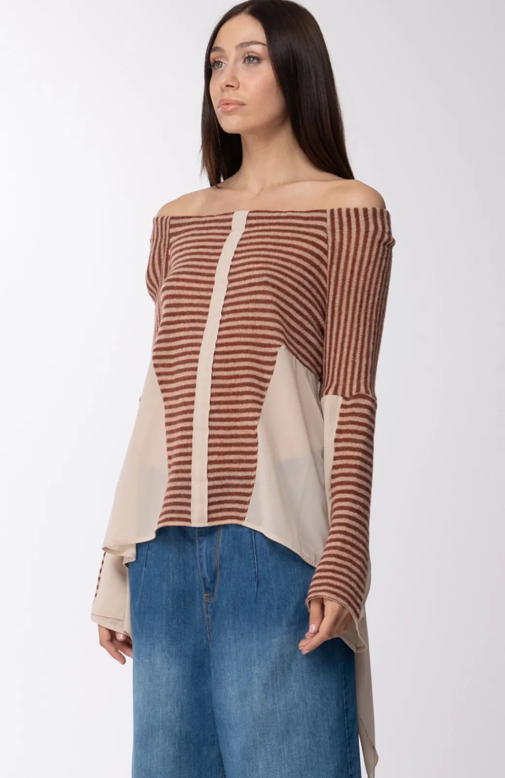Donna Manila Grace Maglia Spalle Scoperte a Righe