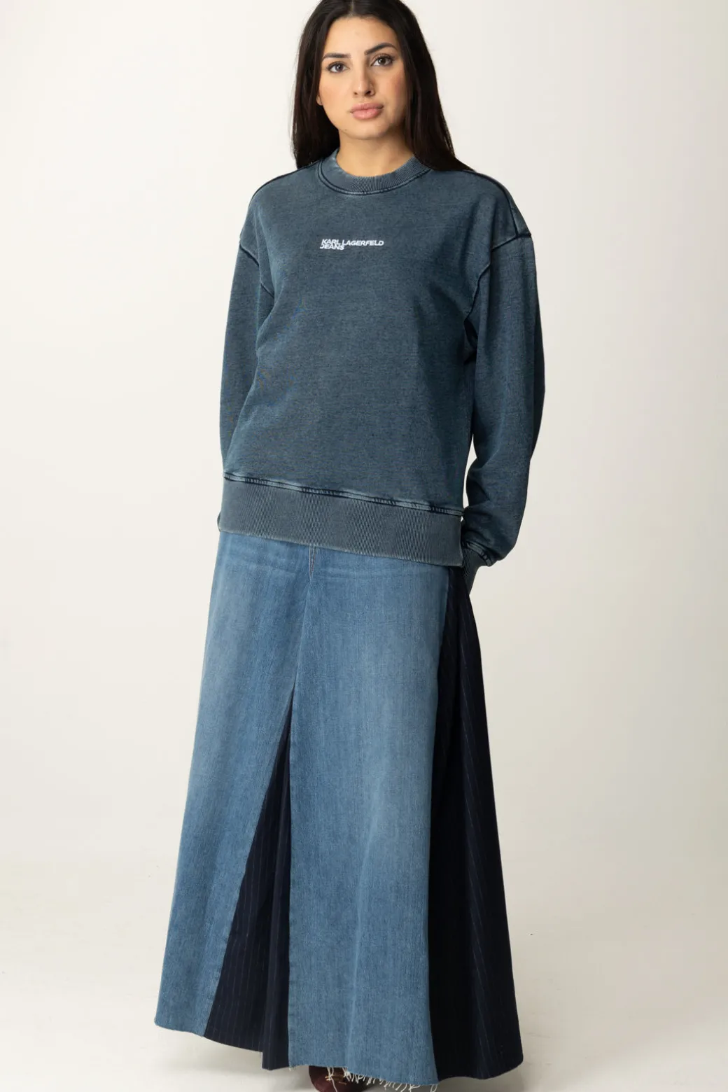 Donna Manila Grace Maxi Gonna In Jeans con Pannelli a Contrasto