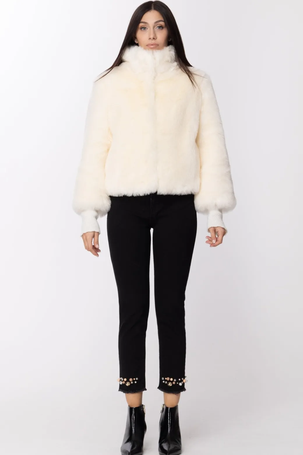 Donna Manila Grace Pantaloni Sfrangiati con Perle Alla Caviglia