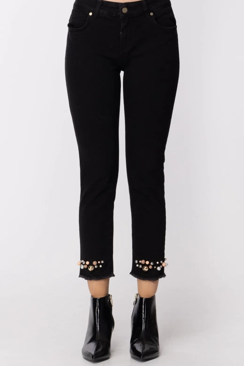 Donna Manila Grace Pantaloni Sfrangiati con Perle Alla Caviglia