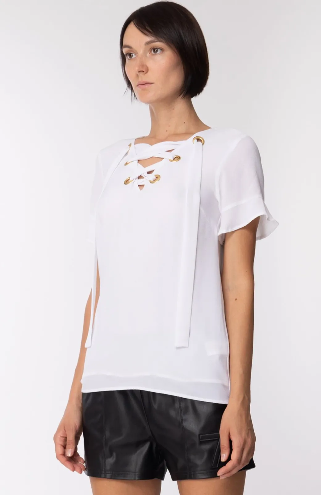 Donna Michael Kors Blusa a Maniche Corte con Occhielli Dorati