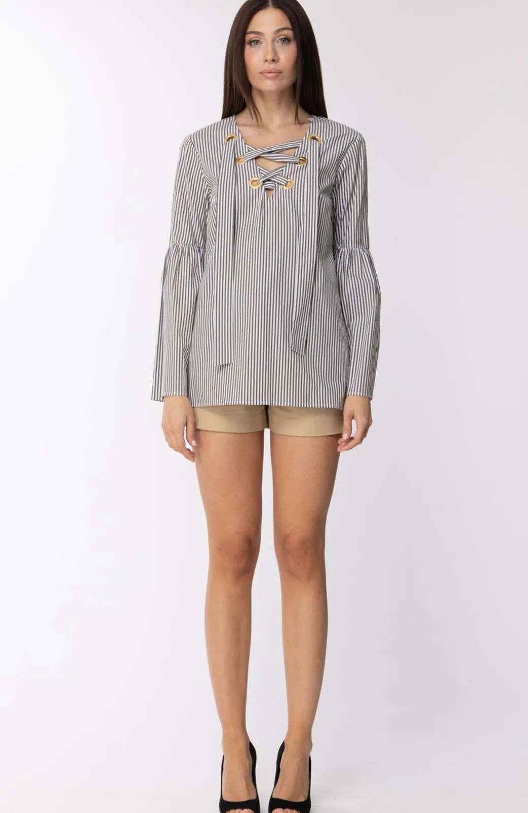 Donna Michael Kors Blusa Morbida a Righe con Occhielli Dorati