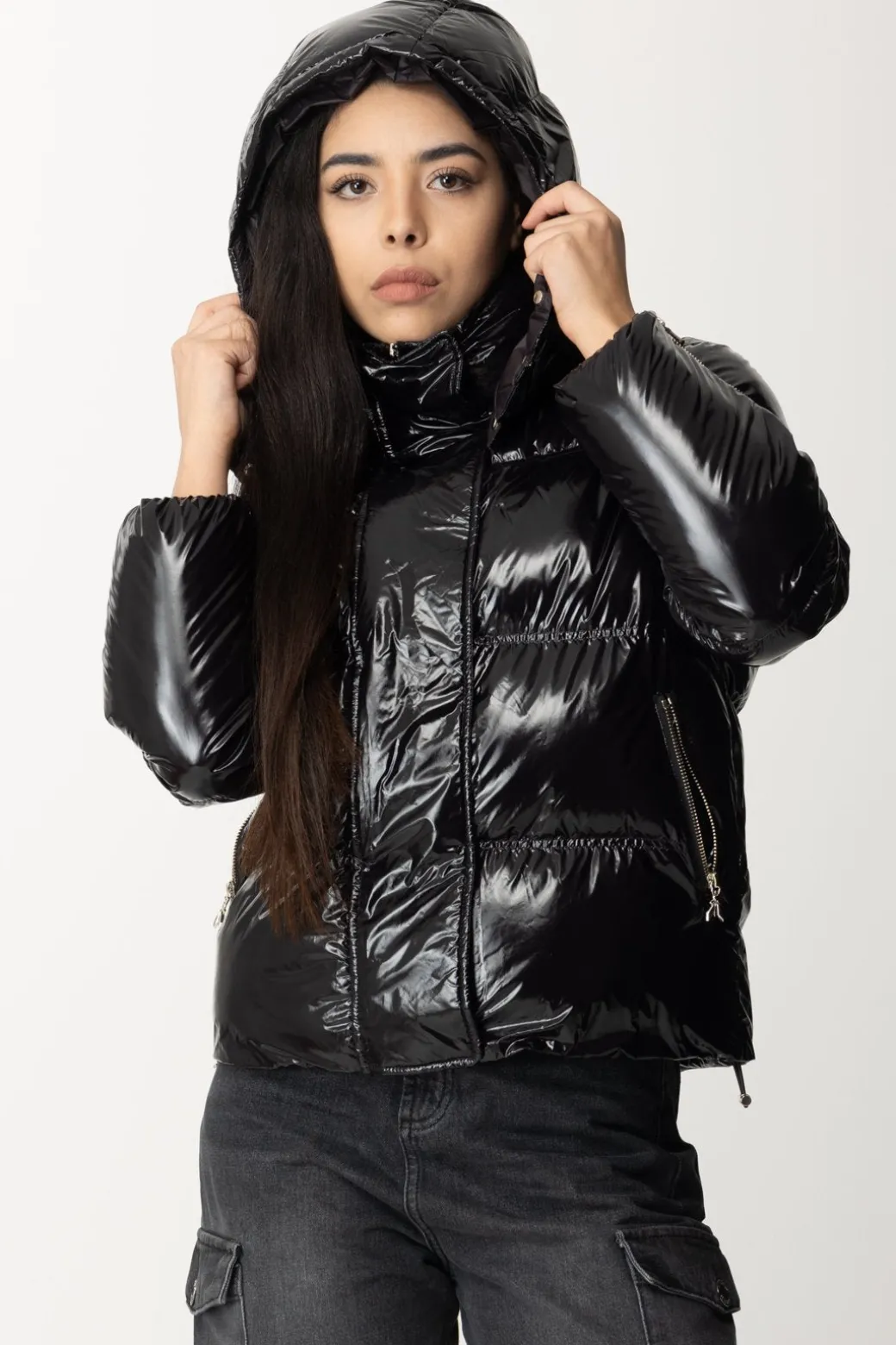Donna Patrizia Pepe Piumino a Collo Alto In Nylon Lucido