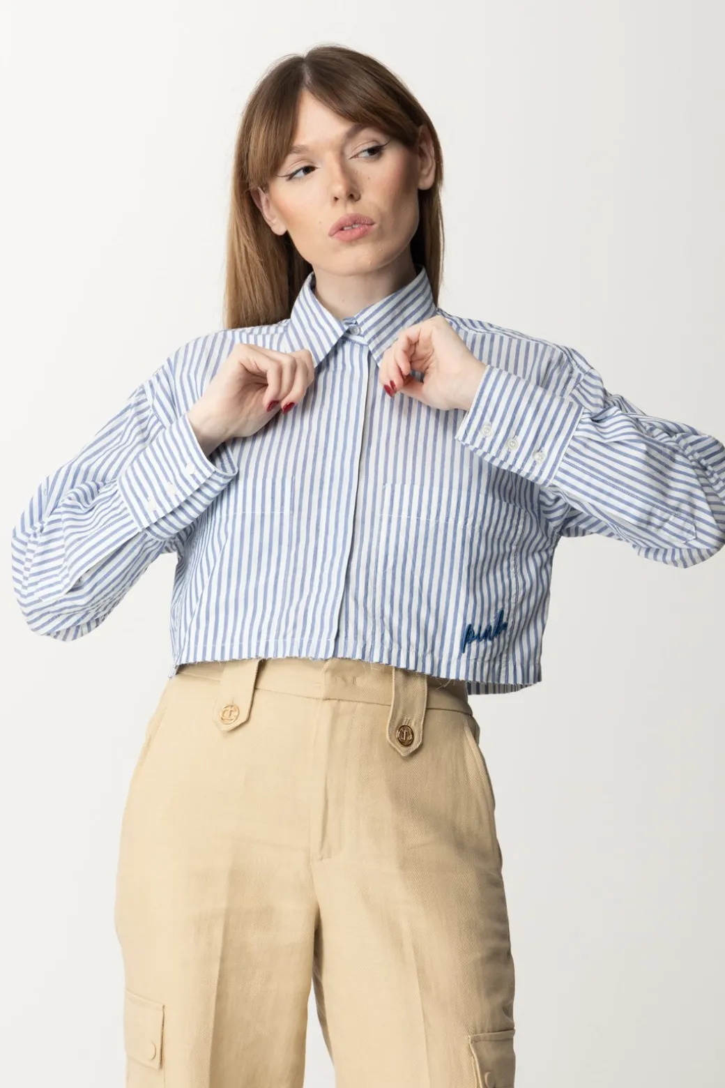 Donna Pinko Camicia Crop a Righe con Ricamo Logo