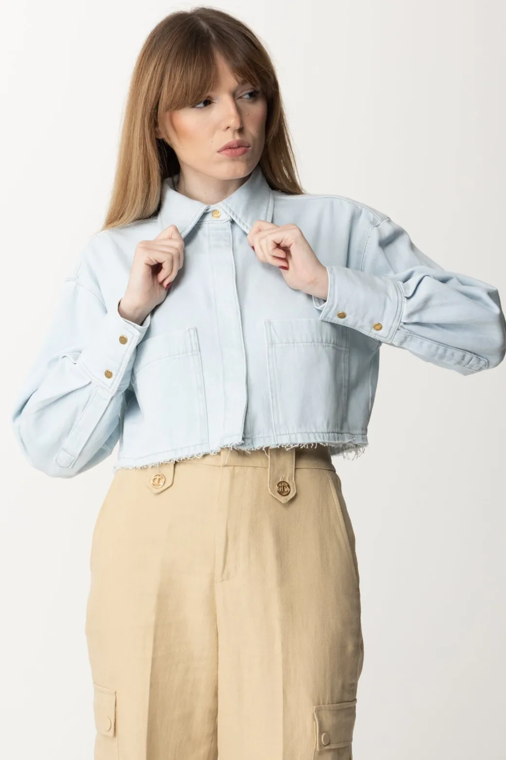 Donna Pinko Camicia Crop In Jeans Leggero con Taglio a Vivo