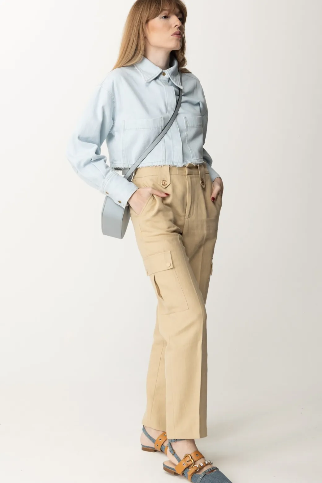 Donna Pinko Camicia Crop In Jeans Leggero con Taglio a Vivo