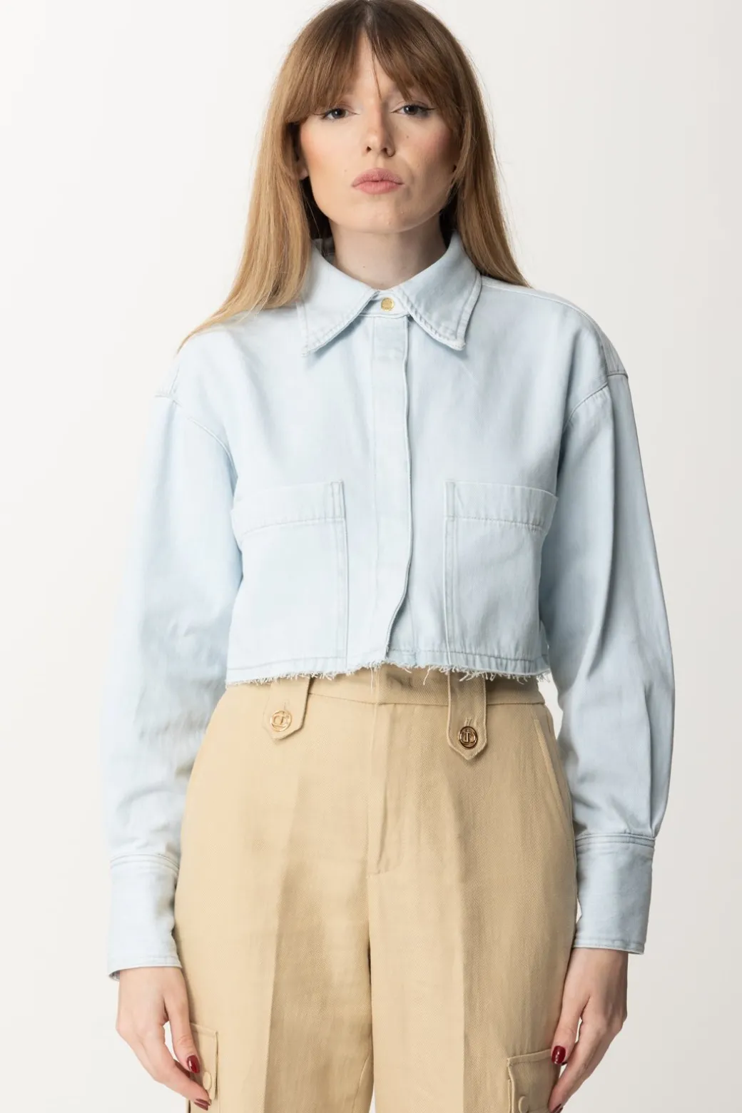 Donna Pinko Camicia Crop In Jeans Leggero con Taglio a Vivo