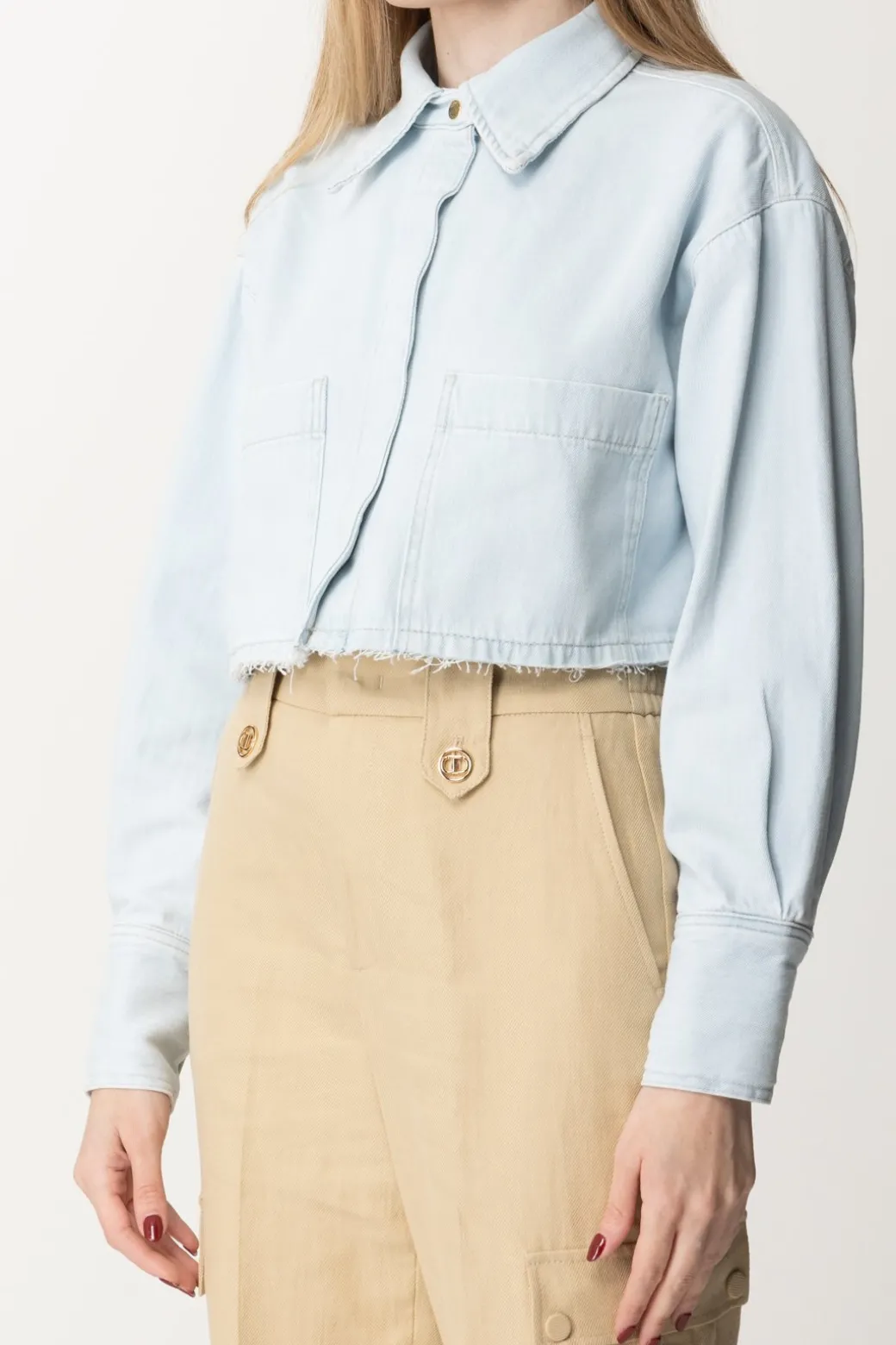 Donna Pinko Camicia Crop In Jeans Leggero con Taglio a Vivo