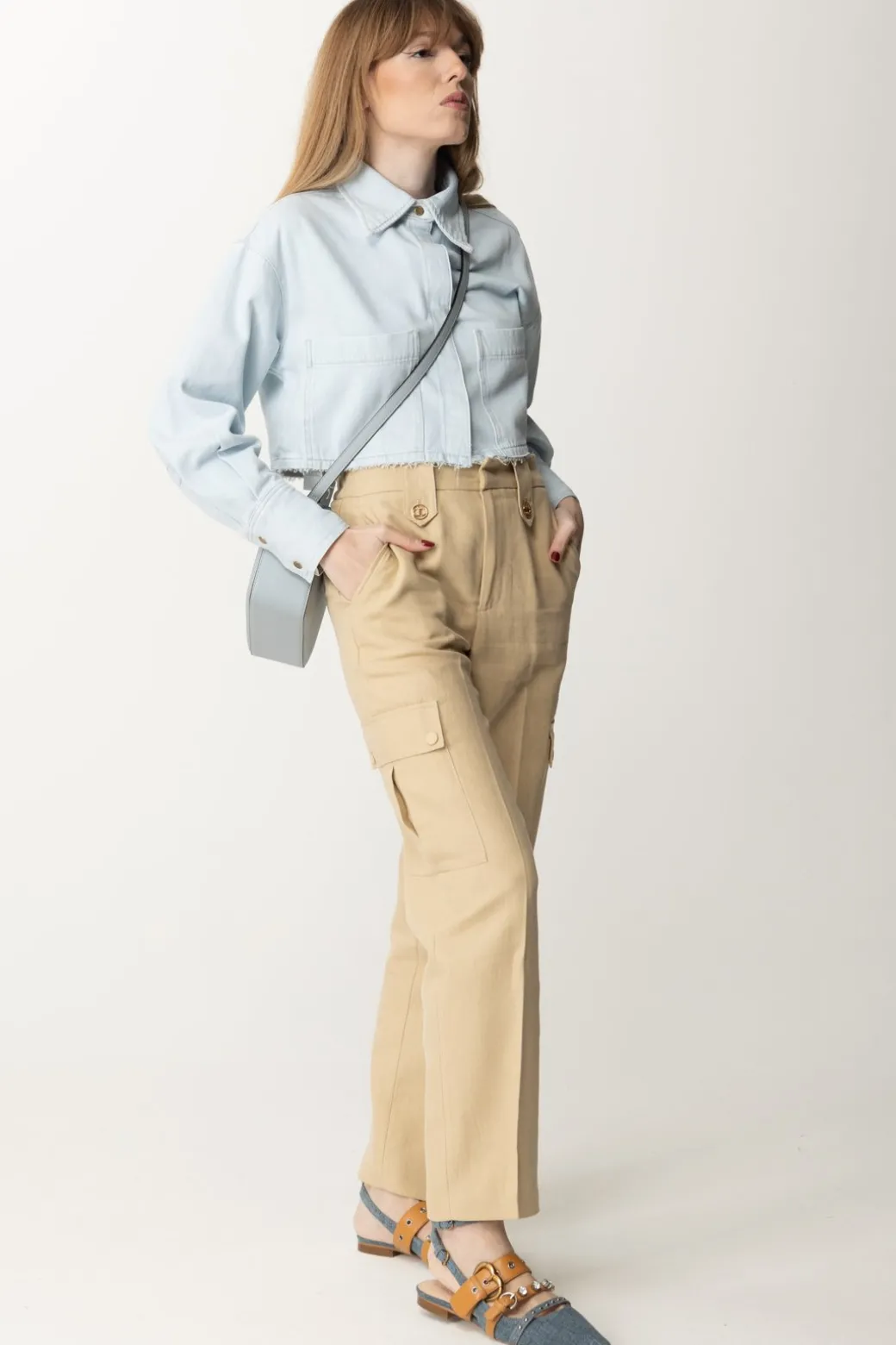 Donna Pinko Camicia Crop In Jeans Leggero con Taglio a Vivo