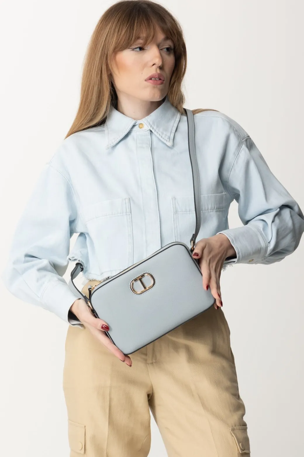 Donna Pinko Camicia Crop In Jeans Leggero con Taglio a Vivo