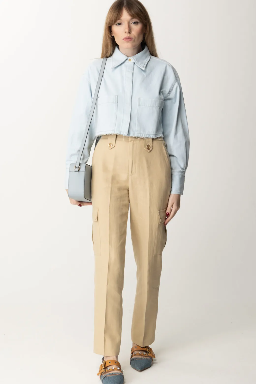 Donna Pinko Camicia Crop In Jeans Leggero con Taglio a Vivo