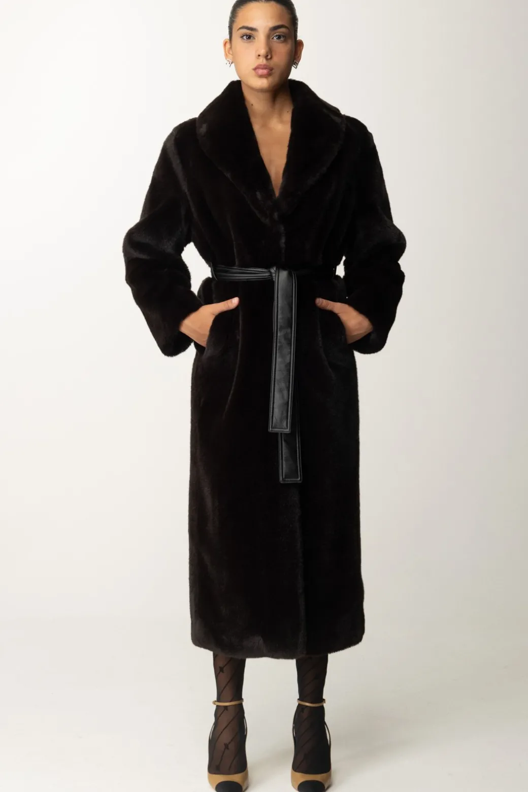 Donna Pinko Cappotto In Pelliccia con Cintura In Ecopelle
