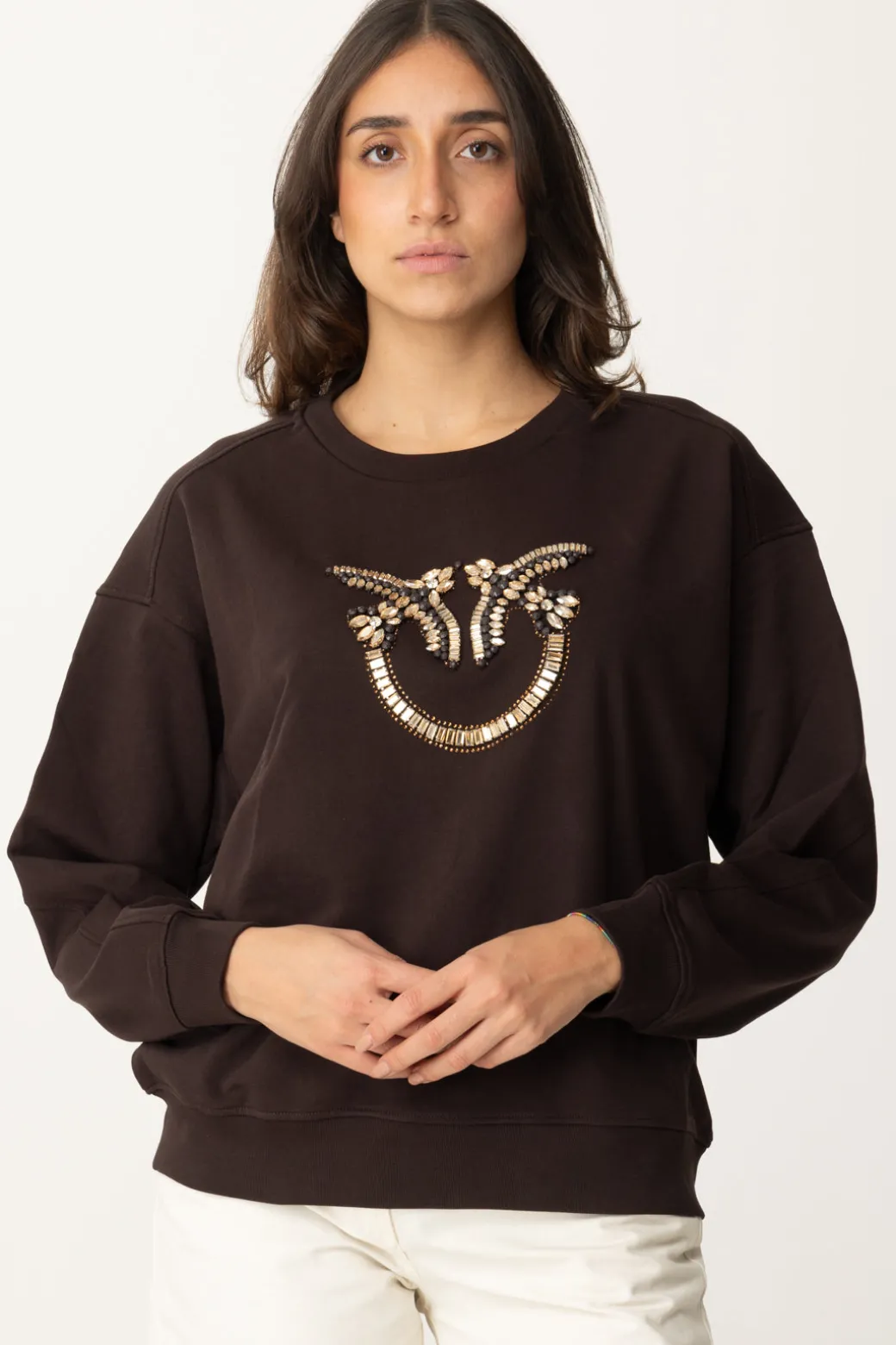 Donna Pinko Felpa Girocollo con Ricamo Gioiello Love Birds