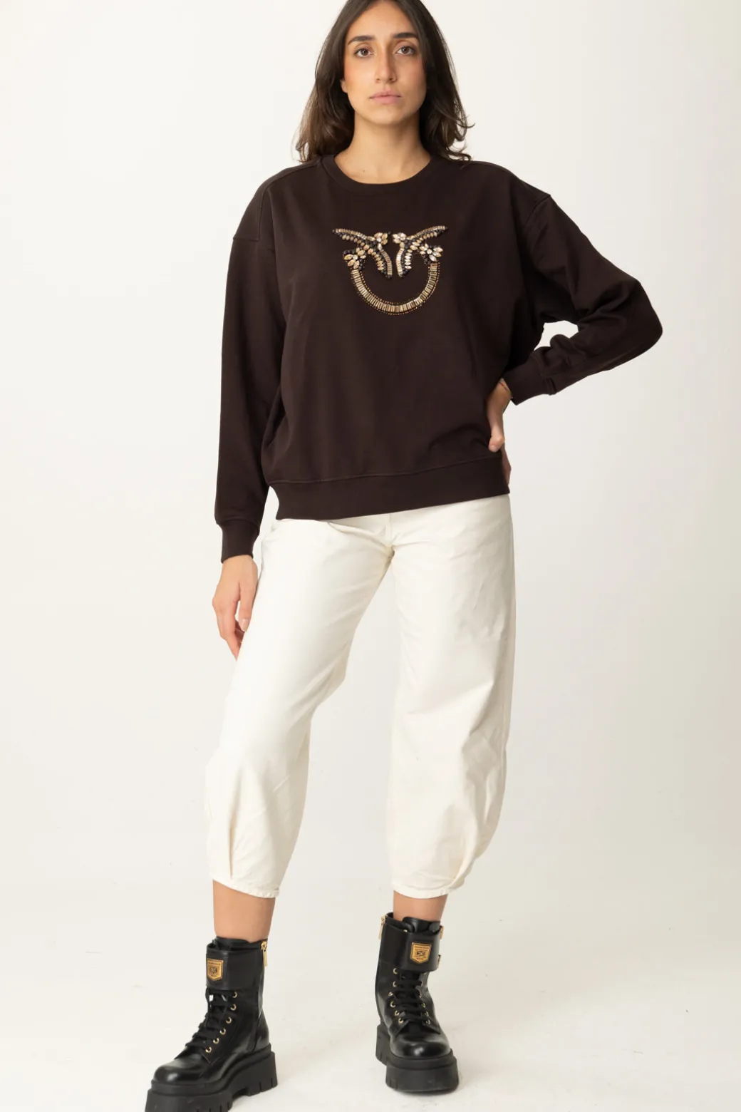 Donna Pinko Felpa Girocollo con Ricamo Gioiello Love Birds